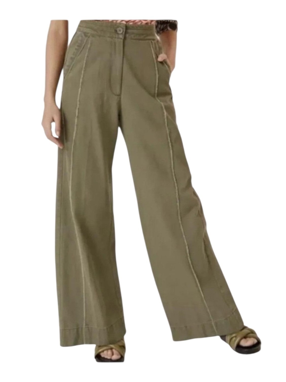 Anthropologie Tiny Olive Green High Waist Relaxed Raw Edge Seam Wide Leg Pants M